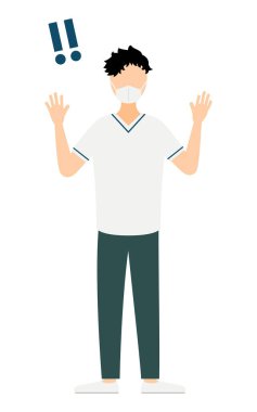 Siyah saçlı bir erkek hemşirenin basit bir resmi. Elini kaldırması sürpriz oldu. Vector Illustration.