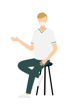 Kahverengi saçlı bir erkek hemşirenin sandalyede otururken konuştuğu basit bir resim, Vektör İllüzyonu.