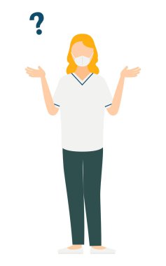 Gri kazaklı bir kadının basit bir çizimi. Soru soruyor, Vektör Resimleri.