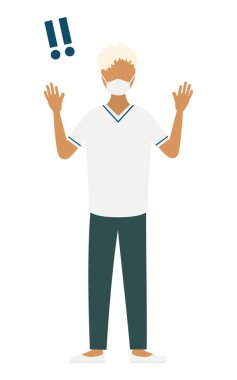 Platin sarısı bir kadın hemşirenin basit bir resmi. Şaşırarak elini kaldırıyor, Vector Illustration.