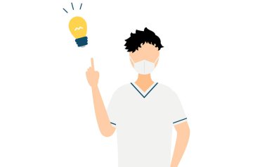 Siyah saçlı, ilham verici fikirleri olan erkek bir hemşirenin basit bir çizimi.