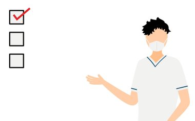 Siyah saçlı bir erkek hemşirenin dikkat çekmek için liste kullanmasının basit bir örneği.