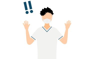 Siyah saçlı bir erkek hemşirenin basit bir resmi. Elini kaldırması sürpriz oldu. Vector Illustration.