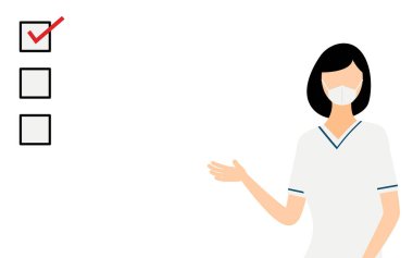 Siyah kısa saçlı bir kadın hemşirenin dikkat çekmek için listeyi kullanmasının basit bir örneği, Vector Illustration