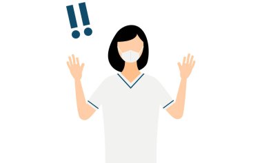 Siyah kısa saçlı, elini kaldıran kadın bir hemşirenin basit bir resmi. Vector Illustration.