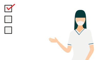 Dikkat çekmek için kontrol listesi kullanan uzun saçlı bir kadın hemşirenin basit bir çizimi.