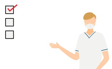 Kahverengi saçlı bir erkek hemşirenin dikkat çekmek için liste kullanmasının basit bir gösterimi.