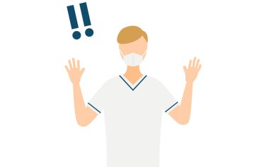 Kahverengi saçlı bir erkek hemşirenin basit bir çizimi. Elini kaldırıyor. Vector Illustration.