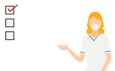 Dikkat çekmek için kontrol listesi kullanan sarışın bir kadın hemşirenin basit bir çizimi, Vector Illustration