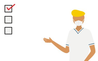 Dikkat çekmek için kontrol listesi kullanan bir erkek hemşirenin basit çizimi, Vektör İllüstrasyonu