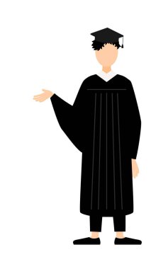 Mezuniyet elbiseleri ve kare şapkalar içinde Asyalı bir erkek mezunun basit bir resmi, Vector Illustration