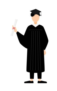 Mezuniyet elbiseleri ve kare şapkalar içinde elinde diploma taşıyan Asyalı bir erkek mezununun basit bir çizimi.