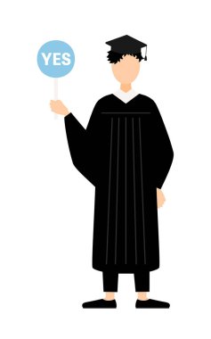 Mezuniyet elbisesi ve kare şapkalı Asyalı bir erkek mezununun basit bir tasviri. Elinde evet-hayır çubuğu var, Vector Illustration.