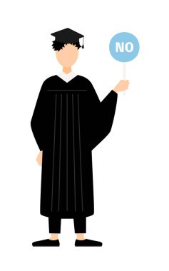 Mezuniyet elbisesi ve kare şapkalı Asyalı bir erkek mezununun basit bir tasviri. Elinde evet-hayır çubuğu var, Vector Illustration.