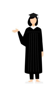 Mezuniyet elbiseleri ve kare şapkalar içinde Asyalı bir kadın mezununun basit bir çizimi, Vector Illustration
