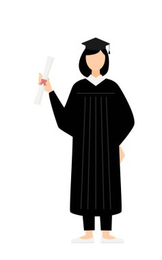 Mezuniyet elbiseleri ve kare şapkalar içinde elinde diploma olan Asyalı kadın mezunlarının basit bir çizimi, Vektör İllüzyonu