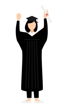Mezuniyet elbiseleri ve kare kapaklı giysiler içinde diplomayla karnına yumruk atan Asyalı bir kadının basit bir çizimi, Vector Illustration