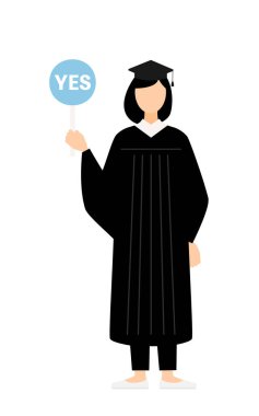 Mezuniyet elbisesi ve kare şapkalı Asyalı bir kadının basit bir resmi. Elinde evet-hayır çubuğu var, Vector Illustration.