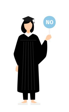 Mezuniyet elbisesi ve kare şapkalı Asyalı bir kadının basit bir resmi. Elinde evet-hayır çubuğu var, Vector Illustration.