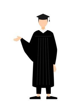 Mezuniyet elbiseleri ve kare şapkalar içinde Asyalı bir erkek mezunun basit bir resmi, Vector Illustration