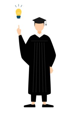 Mezuniyet elbiseleri ve kare şapkalar içinde Asyalı bir erkek mezununun basit bir çizimi ilham verici fikirler, Vektör İllüzyonu