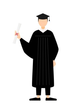 Mezuniyet elbiseleri ve kare şapkalar içinde elinde diploma taşıyan Asyalı bir erkek mezununun basit bir çizimi.
