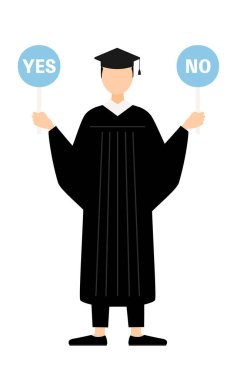 Mezuniyet elbisesi ve kare şapkalı Asyalı bir erkek mezununun basit bir tasviri. Elinde evet-hayır çubuğu var, Vector Illustration.