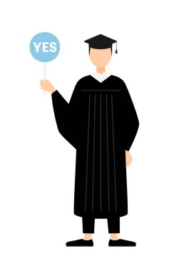 Mezuniyet elbisesi ve kare şapkalı Asyalı bir erkek mezununun basit bir tasviri. Elinde evet-hayır çubuğu var, Vector Illustration.