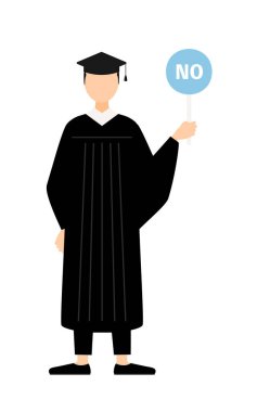 Mezuniyet elbisesi ve kare şapkalı Asyalı bir erkek mezununun basit bir tasviri. Elinde evet-hayır çubuğu var, Vector Illustration.