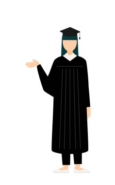 Mezuniyet elbiseleri ve kare şapkalar içinde Asyalı bir kadın mezununun basit bir çizimi, Vector Illustration