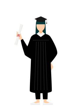 Mezuniyet elbiseleri ve kare şapkalar içinde elinde diploma olan Asyalı kadın mezunlarının basit bir çizimi, Vektör İllüzyonu