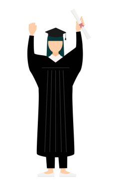 Mezuniyet elbiseleri ve kare kapaklı giysiler içinde diplomayla karnına yumruk atan Asyalı bir kadının basit bir çizimi, Vector Illustration