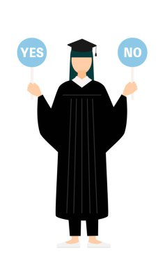 Mezuniyet elbisesi ve kare şapkalı Asyalı bir kadının basit bir resmi. Elinde evet-hayır çubuğu var, Vector Illustration.