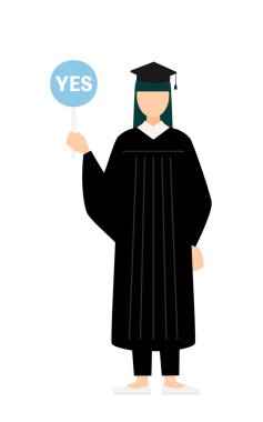 Mezuniyet elbisesi ve kare şapkalı Asyalı bir kadının basit bir resmi. Elinde evet-hayır çubuğu var, Vector Illustration.