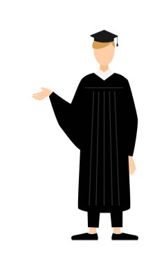 Mezuniyet elbisesi ve kare şapkalı beyaz bir erkek mezununun basit bir çizimi, Vector Illustration