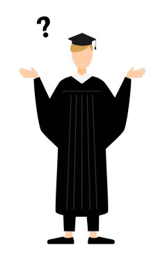 Mezuniyet elbiseleri ve kare kapaklı sorgular içinde beyaz bir erkek mezununun basit bir çizimi, Vektör İllüzyonu