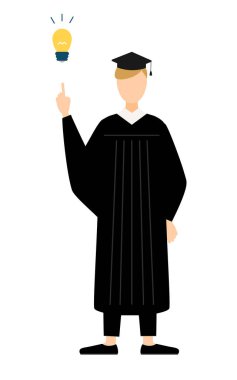 Mezuniyet elbiseleri ve kare şapkalar içinde beyaz bir erkek mezununun basit bir çizimi ilham verici fikirler, Vektör İllüzyonu