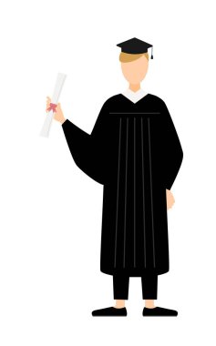 Mezuniyet elbisesi ve kare şapkalı beyaz bir erkek mezunun basit bir resmi. Diploması var, Vektör İllüzyonu.