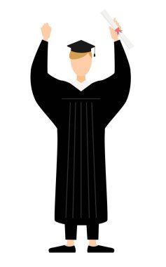 Mezuniyet kıyafetleri içinde beyaz bir erkek mezuniyetin basit bir gösterimi ve diploma ile karnını yumruklayan kare kapaklı Vector Illustration