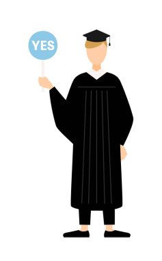 Mezuniyet elbisesi ve kare şapkalı beyaz bir erkek mezununun basit bir resmi. Elinde evet-hayır çubuğu var, Vektör İllüzyonu.