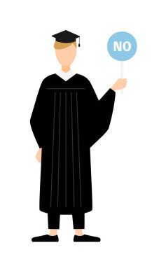 Mezuniyet elbisesi ve kare şapkalı beyaz bir erkek mezununun basit bir resmi. Elinde evet-hayır çubuğu var, Vektör İllüzyonu.