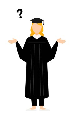 Mezuniyet elbiseleri ve kare kapaklı sorgular içinde beyaz bir kadın mezununun basit bir çizimi, Vektör İllüzyonu