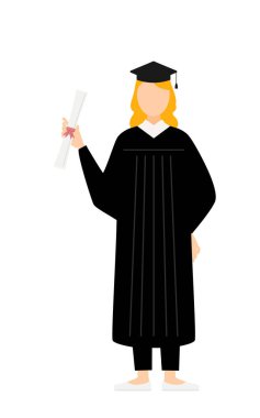 Mezuniyet elbiseleri ve kare şapkalar içinde elinde diploma olan beyaz bir kadının basit bir çizimi, Vektör İllüzyonu.