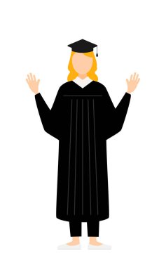 Mezuniyet elbisesi ve kare şapkalı beyaz bir kadın mezununun basit bir resmi. Elini kaldırıyor ve şaşırıyor.