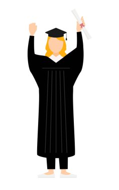 Mezuniyet elbisesi ve kare kapaklı, diploma ile karnına yumruk atan beyaz bir kadın mezununun basit bir çizimi, Vector Illustration