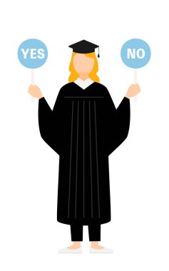 Mezuniyet elbisesi ve kare şapkalı beyaz bir kadın mezununun basit bir resmi. Elinde evet-hayır çubuğu var, Vektör İllüzyonu.