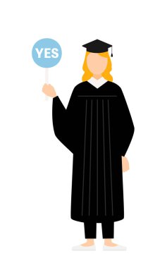 Mezuniyet elbisesi ve kare şapkalı beyaz bir kadın mezununun basit bir resmi. Elinde evet-hayır çubuğu var, Vektör İllüzyonu.