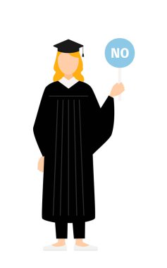 Mezuniyet elbisesi ve kare şapkalı beyaz bir kadın mezununun basit bir resmi. Elinde evet-hayır çubuğu var, Vektör İllüzyonu.