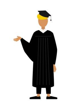 Mezuniyet elbisesi ve kare şapkalı siyah bir erkek mezununun basit bir çizimi, Vector Illustration