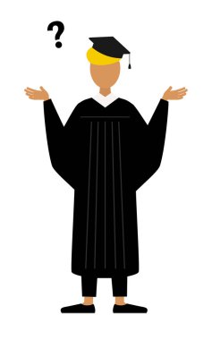 Siyahi bir erkek mezuniyetin basit bir örneği. Mezuniyet elbiseleri ve kare başlıklar içinde sorgulama, Vektör İllüzyonu.